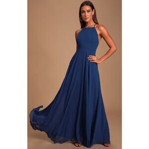 Lulus Navy Blue Halter Neck Floor Length Maxi Dress